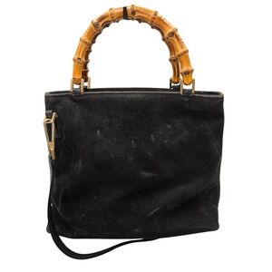 Vintage Gucci Bamboo Handle Bag Black Suede Leather Top Handle Handbag Purse‎